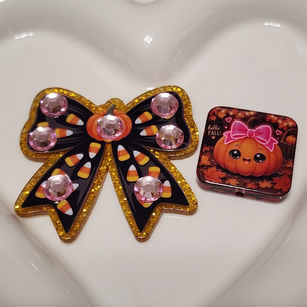 Happy Fall Bow Flatback Focal Bead Beaded Pen Badge Keychain Halloween Candy